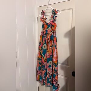 Farm Rio x Anthropologie Pleated Palm Midi Dress Small Petite $238 Resort Beach